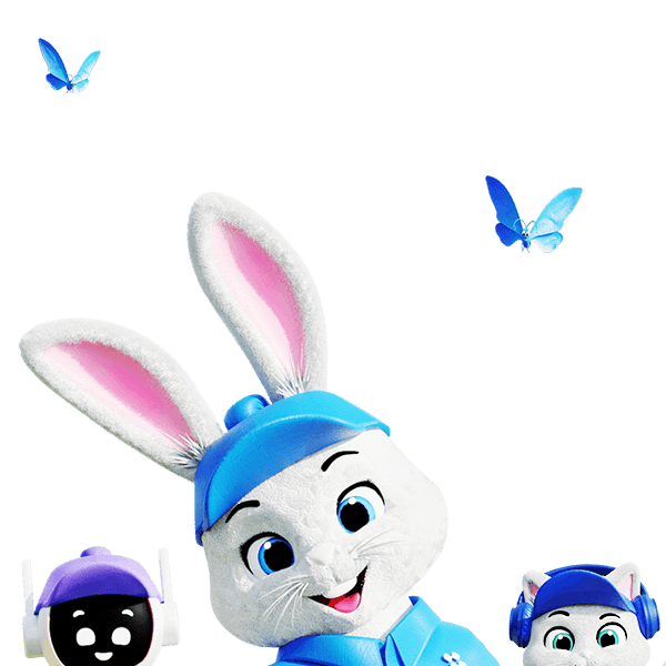 happy rabbit with robot and cat
